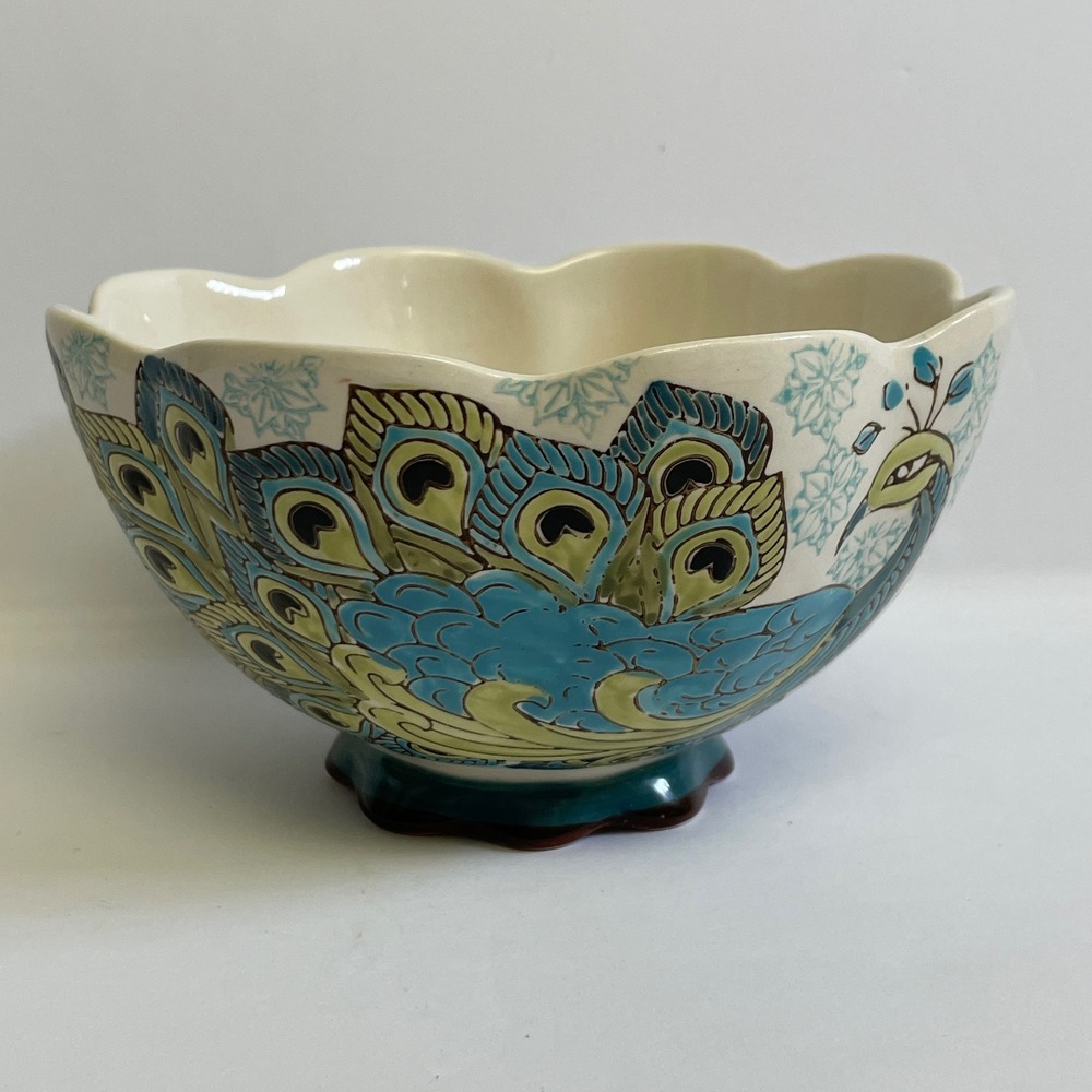Dutch Wax Peacock Ceramic Soup Bowl Large Blue Excellent